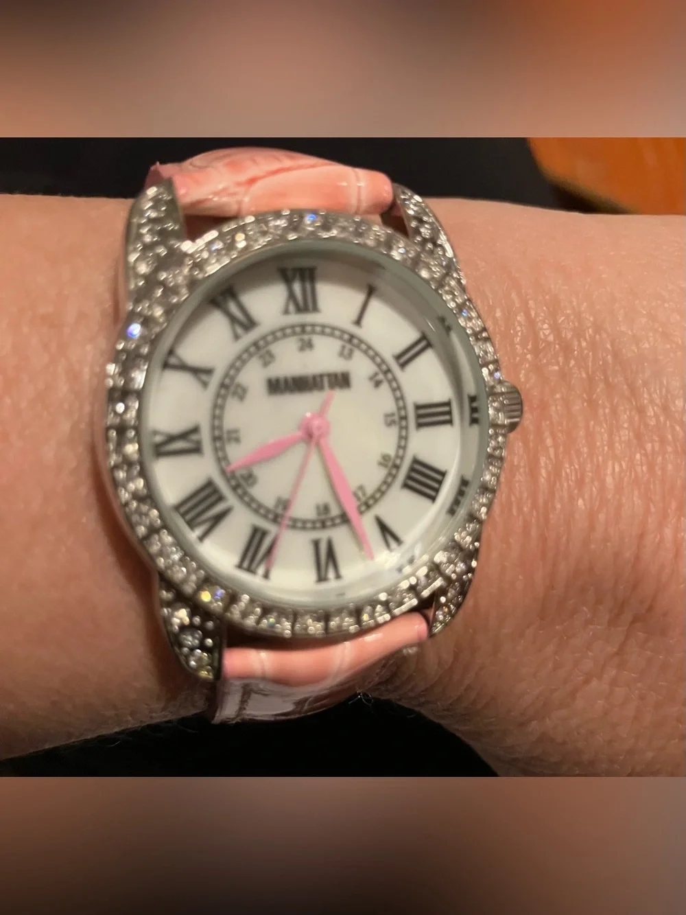 NEA Manhattan by Croton Pink Leather Band Crystal Accent Wristwatch Women’s